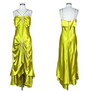 Vintage | Kiki Y2K Chartreuse Green Satin Draped Ruffle Tiered Halter Gown Dress